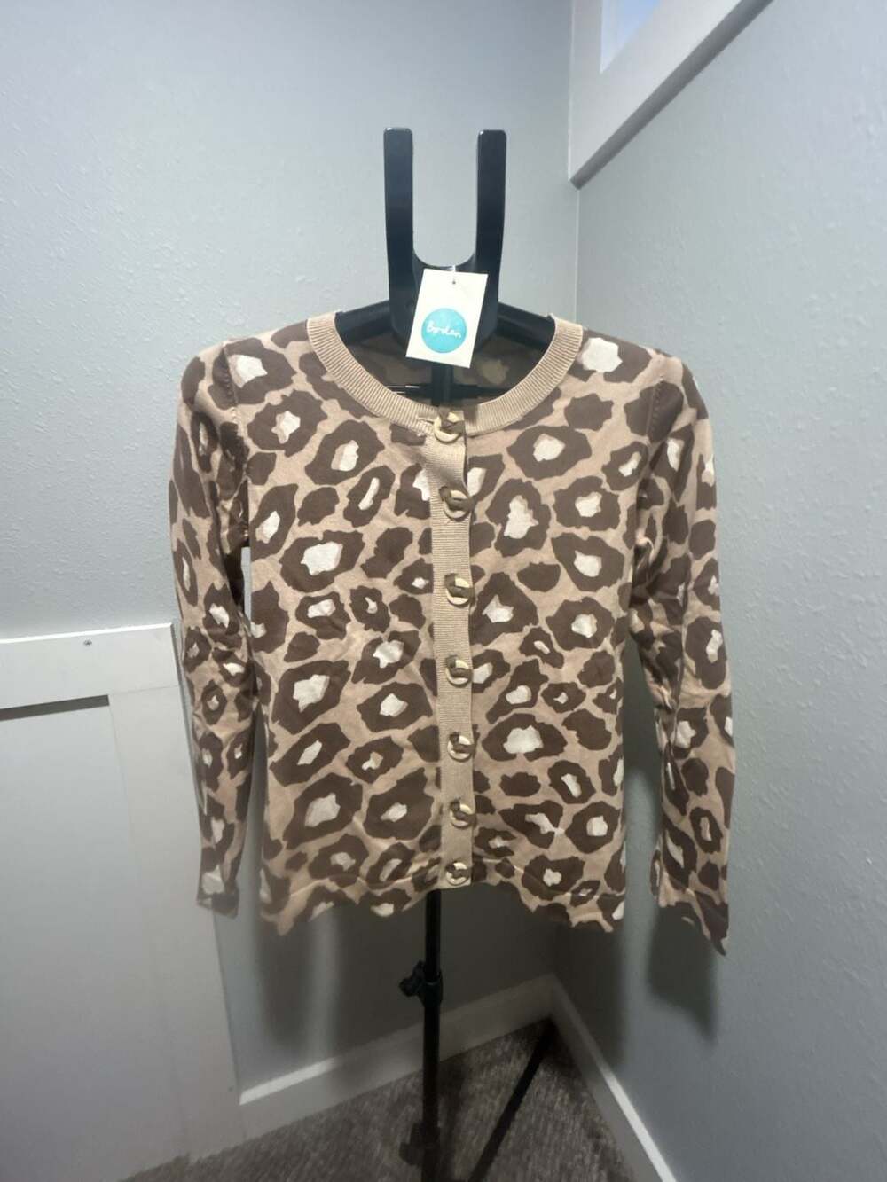 Boden Leopard Print Cardigan Size UK 8 Brown Beige Crew Neck